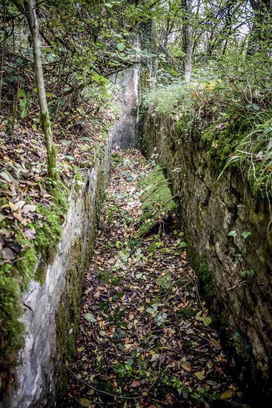 Ligne Maginot - CB3 - (Blockhaus pour canon) - Boyau d’accès maçonné en excellent état.
Au sol contre le muret, la porte du bloc 