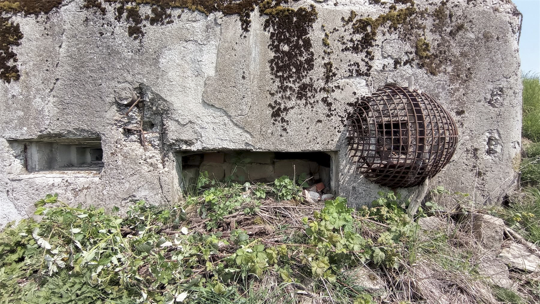 Ligne Maginot - BETTELSTOCK - (Blockhaus pour canon) - L'entrée canon maçonnée et remblayée, le créneau de protection rapprochée arrière et la prise d'air protégée par un treillage métallique
