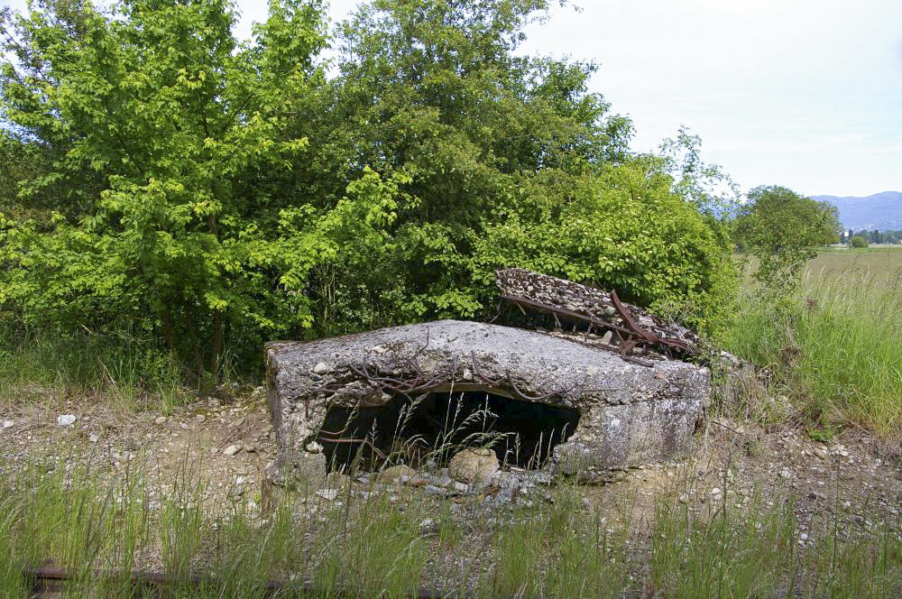 Ligne Maginot - BANTZENHEIM EST - (Blockhaus pour arme infanterie) - Blockhaus se situant la long de la ligne de chemin de fer Bantzenheim - Neuf-Brisach, comportant deux créneaux de tir. Il a été comblé. Seul reste visible la coupole bétonnée et les creneaux
