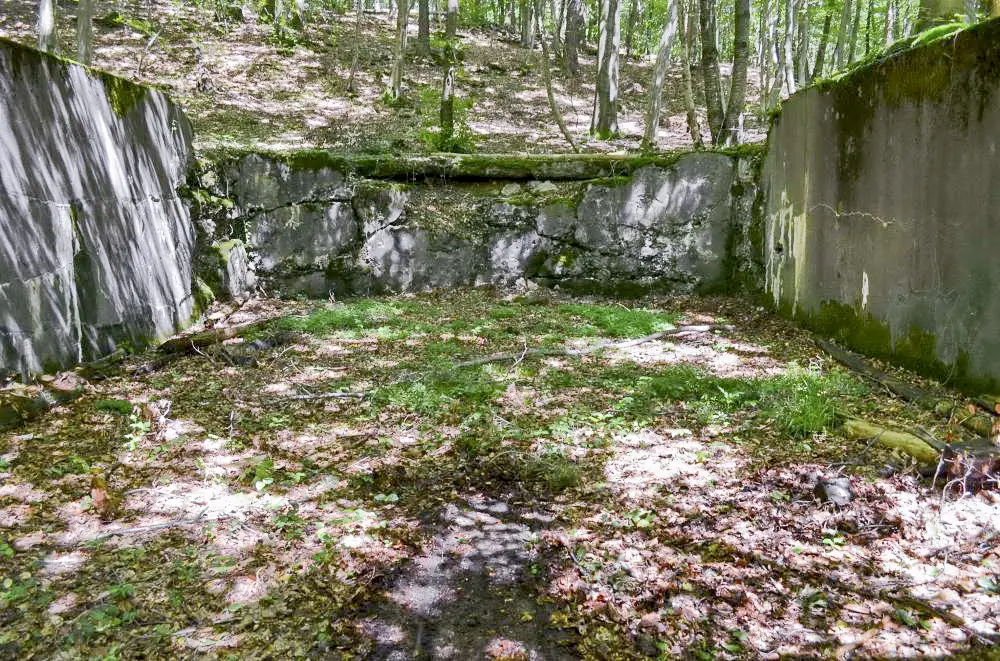 Ligne Maginot - BREITENHAG (BATTERIE DE) - (Position d'artillerie préparée) - Cuve ouest
Emplacement du canon de 240.
On distingue la voie de 40 qui mène au canon. Mais pour plus de détail un nettoyage  s'imposerait.