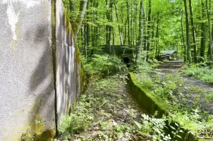 Ligne Maginot - STRENGWALD (BATTERIE DU) - (Position d'artillerie préparée) - Tracé de la voie de 40 venant du quai de déchargement passant à l'encuvement 1, puis se dirigeant sur l'encuvement 2 au fond de la photo.