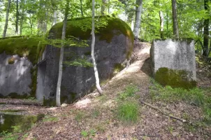 Ligne Maginot - STRENGWALD (BATTERIE DU) - (Position d'artillerie préparée) - PC de batterie
Vue extérieure avec son puits de droite de forme carré et en contre bas le l'entrée sur la plaque de béton un autre puits de forme cylindrique.