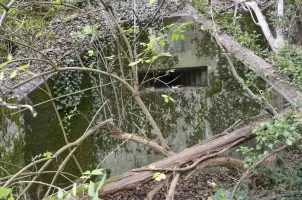 Ligne Maginot - HABERHAEUSER 2 - (Blockhaus pour arme infanterie) - Vue extérieure sur le créneau de tir au dessus duquel on voit une inscription