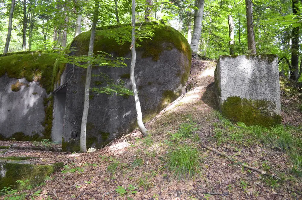 Ligne Maginot - STRENGWALD (BATTERIE DU) - (Position d'artillerie préparée) - PC de batterie
Vue extérieure avec son puits de droite de forme carré et en contre bas le l'entrée sur la plaque de béton un autre puits de forme cylindrique.