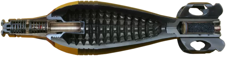 Ligne Maginot - Munition pour mortier de 60 mm FA mle 1935 (60 FA 35) - Projectile de 60mm FA Mle 1935 en coupe présentant la préfragmentation intérieure 
