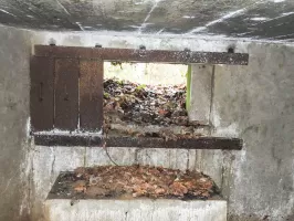 Ligne Maginot - KUHBRUCK OUEST - (Blockhaus pour canon) - Le créneau pour un canon anti-char. Une partie du bouclier est encore en place.