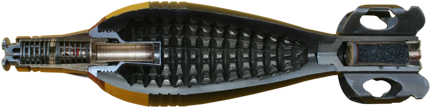 Ligne Maginot - Munition pour mortier de 60 mm FA mle 1935 (60 FA 35) - Projectile de 60mm FA Mle 1935 en coupe présentant la préfragmentation intérieure 