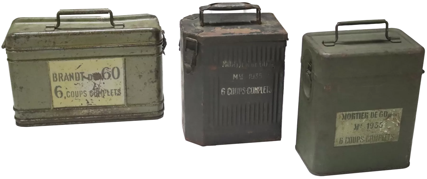 Ligne Maginot - Munition pour mortier de 60 mm FA mle 1935 (60 FA 35) - Les 3 types de caisses tactiques de 6 coups complets