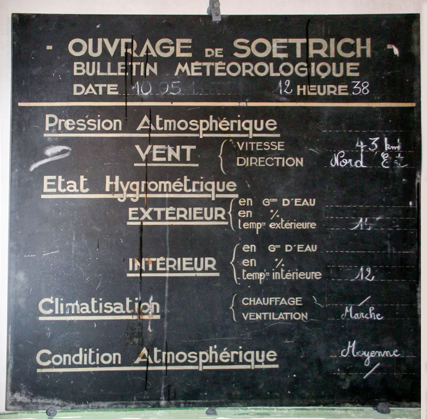 Ligne Maginot - SOETRICH - A11 - (Ouvrage d'artillerie) - PC de l’ouvrage
Tableau de bulletin météo de l'ouvrage exposé dans le musée de l'ouvrage Immerhof - Michel Teiten