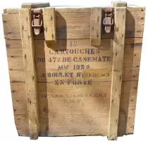 Ligne Maginot - Munitions de 47 mm utilisées dans la fortification - Caisse bois pour 12 cartouches de 47mm à boulet d’exercice en fonte Mle 1937