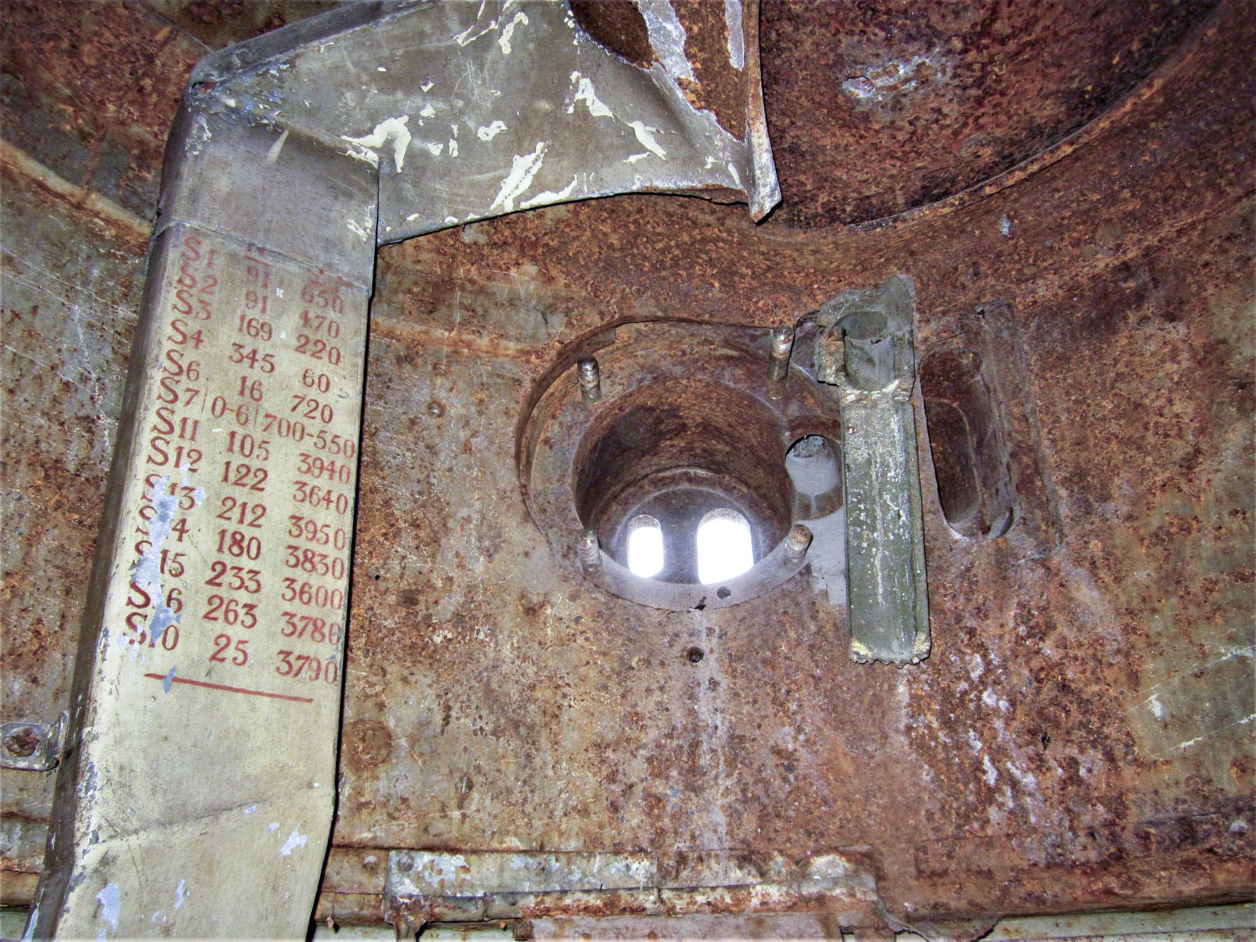 Ligne Maginot - LAUDREFANG - A37 - (Ouvrage d'infanterie) - Bloc 3
Chambre de tir de la tourelle mitrailleuse
Repères de tir sur le conduit de ventilation