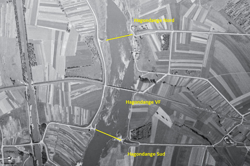 Ligne Maginot - HAGONDANGE SUD - (Infrastructure routiére) - Les ponts routiers dans l'immédiat après guerre. Ils ont été dynamités durant le conflit.
Au centre, le pont ferroviaire de la rocade militaire à voie normale Hagondange-Chailly. - IGN - Géoportail 1948